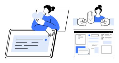 Kadın kalp sembolü tutuyor, tablette sanal iletişim kuruyor, kullanıcı arayüzü pencereleri verileri, mahremiyeti, güvenliği vurguluyor. Uzak çalışma, teknoloji, duygu, online öğrenme UX tasarımı için ideal