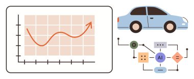 Yapay zeka şemaları ve araba ile bağlantılı yükselen eğilim grafiği, yenilik, teknoloji ve ilerlemeyi sembolize ediyor. Yapay zeka, otomasyon, ulaşım, analitik, hareket makinesi öğrenimi için ideal
