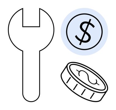 Büyük anahtar, bozuk para ve dolar işareti finansal araçlar, bütçe ayarlamaları ve ekonomik ayarlamaların temalarını vurguluyor. Ekonomi stratejisi, onarım maliyetleri, yatırımlar, tasarruf mali yönetimi için ideal