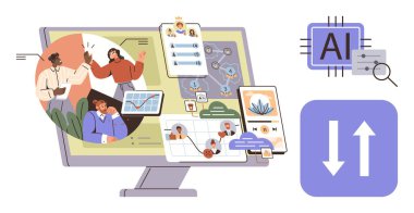 Modern ekip yapay zeka özellikleri, analitik ve iş akışlarıyla entegre edilmiş cihazlar üzerine projeleri tartışıyor. Takım çalışması, yapay zeka, yenilik, proje yönetimi, teknoloji, üretkenlik için ideal