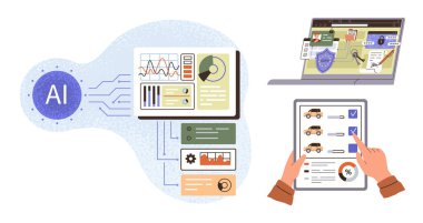 Yapay zeka işleme verileri olan dijital gösterge paneli, dizüstü bilgisayardaki güvenli işlemler ve tablet üzerindeki kullanıcı inceleme seçenekleri. Yapay zeka, analitik, otomasyon, siber güvenlik, teknoloji, yenilik dijital için ideal