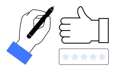 Kalem, onay ve beş yıldızlı derecelendirme ikonu ile el çizimi geri bildirim, kalite ve değerlendirme. Değerlendirmeler, reytingler, verimlilik, geri bildirim kalite onayı için ideal basit iniş