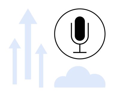 Mikrofon iç çemberde, yukarı doğru oklar ve bulut ses teknolojisini, yeniliği, iletişimi sembolize ediyor. Teknolojik yenilik, bulut depolama, podcast, ses akışı büyüme yapay zekası araçları için ideal