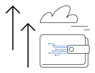 Gömülü teknoloji tasarımı olan dijital cüzdan, veri depolamayı temsil eden bulut şekli, büyümeyi simgeleyen iki yukarı doğru ok. Finans, yenilik, teknoloji, bulut depolama, dijital ödeme için ideal