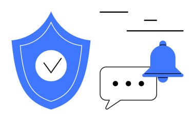 İşaretli kalkan, çan simgesi ve güvenli bildirimleri gösteren sohbet baloncuğu. Siber güvenlik, mesajlaşma sistemleri, iletişim, uyarılar, mahremiyet, mobil uygulamalar ve basit iniş sayfaları için ideal