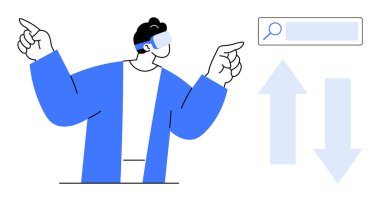 Sanal arama çubuğu ve veri oklarıyla etkileşime giren VR kulaklık takan şahıs. Teknoloji, yenilik, dijital dönüşüm, VR uygulamaları, online arama, gelecekteki teknoloji, basit