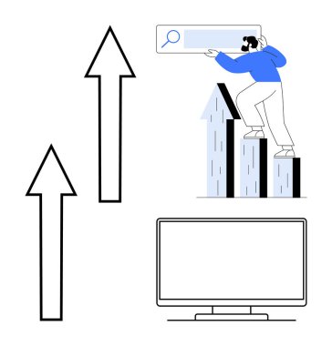 Oklu arama çubuğu ve bilgisayar monitörlü çubuk grafikleri ilerlemeyi vurguluyor. Yenilik, büyüme, dijital strateji, kariyer geliştirme, ilerleme izleme için ideal