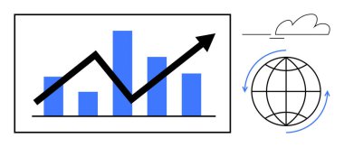 Yükselen ok ile ölçü grafiği ilerlemeyi, dönen ok ile küre küresel erişimi gösterir ve bulut yenilik veya bağlantı önerir. İş için ideal, büyüme, başarı, küreselleşme