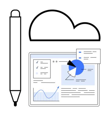 Bulut, veri tableti ve dijital kalem uzak çalışma, analitik ve yaratıcılığı vurguluyor. Yenilik, teknoloji, işbirliği, veri görselleştirme, bulut hesaplama eğitimi için ideal
