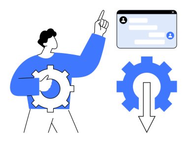 Vites simgesi, profil paneli, ok, işaret eden kişi sistem optimizasyonunu, verimliliğini, kullanıcı etkileşimini vurgular. Teknoloji, iş akışı otomasyonu, yenilik bilişim çözümleri kullanıcı arayüzü için ideal