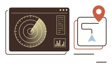 Radar izleme arayüzü olan nesneler tespit ediyor, konum işaretleyicisi ve yön bulma simgesi olan haritalar. Teknoloji, GPS, izleme, radar sistemleri, navigasyon, keşif, lojistik için ideal basit düz