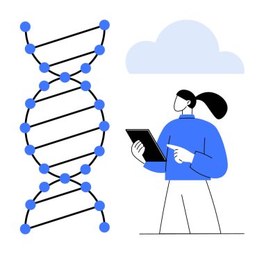 Bulutun altında tablet tutan bir araştırmacının yanında düğümleri ve bağlantıları olan DNA molekülü. Genetik araştırma, yenilik, sağlık, biyoloji, veri analizi, eğitim, basit iniş sayfası için ideal