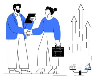 İki profesyonel el sıkışıyor, biri evrak tutuyor, diğeri evrak çantası tutuyor. Büyüyen oklar ve para çantalarıyla denge tartısı ilerlemeyi ve mali karar vermeyi ön plana çıkarıyor. İdeal