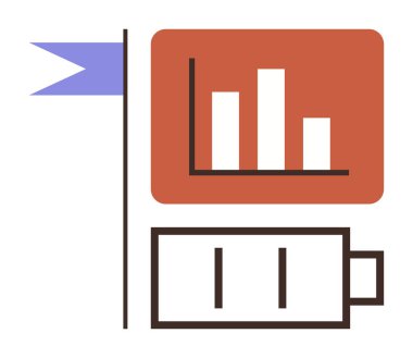 Kırmızı çizelge mavi üçgen bayrak ve pil simgesinin yanında. Ticari ilerleme, enerji hedefleri, üretkenlik izleme, kişisel büyüme, başarılar, motivasyon, basit düz metafor