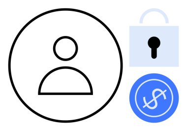 Daire şeklinde bir insan simgesi, mavi asma kilit ve dolar işareti dairesel amblemde. Kullanıcı kimliği, veri gizliliği, güvenli giriş, çevrimiçi işlemler, ödeme güvenliği, finansal uygulamalar için ideal