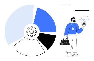 Elinde ampul tutan iş adamı, fikir ve yenilikleri sembolize ediyor. Pasta grafiğinin yanında dişli segmenti de var. İş, analiz, takım çalışması, strateji, beyin fırtınası, büyüme, yaratıcılık temaları için idealdir. Basit.