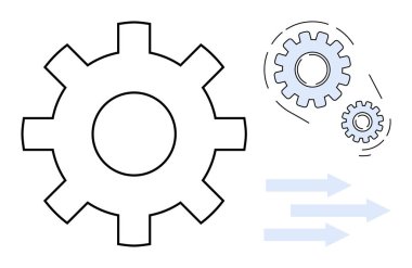 Daha küçük birbirine bağlı dişliler ve koordinasyonu, ilerlemeyi ve işlevselliği sembolize eden üç ok. Takım çalışması, yenilik, iş akışı, işbirliği, mühendislik, otomasyon için ideal