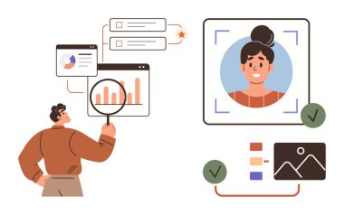 Dijital profil doğrulama sürecinin yanında büyüteçle veri tablolarını analiz eden kişi. Analiz için ideal, kimlik doğrulama, HR, işe alım, teknoloji araçları, araştırma, basit daire