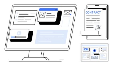 Dijital sözleşme gösteren mobil bir cihazla eşleştirilmiş dosyaları, mesajları ve bir videoyu gösteren masaüstü ekranı. Uzak çalışma, teknoloji, üretkenlik, işbirliği, iş dijital için ideal