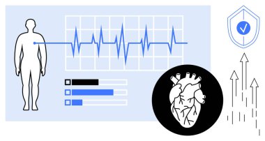 İnsan figürlü kalp atışı grafiği, teşhis istatistikleri, kalp çizelgesi, kalkan ikonu ve ilerleme okları. Sağlık, ilaç, tanı araştırmaları büyüme veri koruması için idealdir. Basit düz