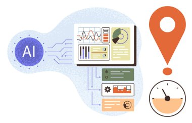 Yapay zeka panelinde ünlem işareti ve zamanlayıcı ile bağlantılı grafikler, metrik değerlendirmeler ve işlem akışları gösterilir. Teknoloji, veri bilimi, analitik, otomasyon, karar verme için ideal