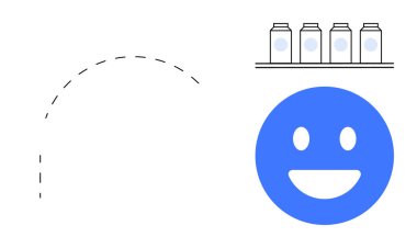 Ahşap bir raftaki dört kavanozun yanında gülümseyen mavi bir yüz. Kesik çizgi hareket ya da yön olduğunu gösteriyor. Gıda mağazası tabelası, mutluluk, süt ürünleri, müşteri memnuniyeti, hareket grafikleri için ideal