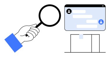 Elele tutuşan büyüteç ekranda sohbet mesajlarını inceliyor, iletişim incelemesini vurguluyor. İşbirliği için ideal, müşteri desteği, analitik, teknoloji, araştırma, mahremiyet, basit iniş