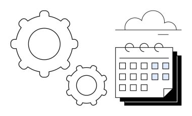 Dişlilere yakın vurgulanmış günlerle takvim, zaman yönetimi, zamanlama ve optimizasyonu sembolize ediyor. Üretkenlik, strateji, proje yönetimi, organizasyon, iş akışı takım çalışması için ideal