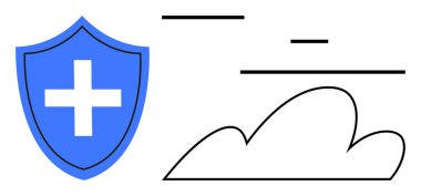 Çaprazlı mavi kalkan bulut hesaplama kavramları için bulut anahatlarının yanında korumayı da simgeler. Siber güvenlik, sigorta, veri koruması, sağlık hizmetleri, bulut depolama, dijital için ideal