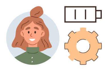 Gülümseyen kadın portresi, düşük pil ikonu ve vites sembolü. Enerji yönetimi, yorgunluk, iş hayatı dengesi, sağlık, teknoloji verimliliği ve motivasyon kavramları için idealdir. Basit düz metafor
