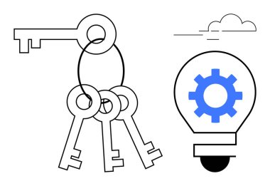 Birden fazla anahtar ve ampul içeren anahtarlar, erişimi, fikirleri, çözümleri ve geliştirme stratejilerini sembolize eder. Sorun çözme, yenilik, strateji ve teknoloji bilgisi için ideal