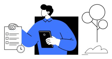 Elinde bir pano ve tablet tutan bir adam, yanında saat ve asgari ağaç çizgisi var. Zaman yönetimi, üretkenlik, planlama, çoklu görev, organizasyon, verimlilik, basitlik için ideal