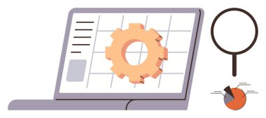Şebeke ve teçhizatlı dizüstü bilgisayar ekranı, büyüteç, veri analizi için grafik. Teknoloji, iş akışı, süreç, araştırma, optimizasyon işi ve yenilik için ideal. Basit düz metafor
