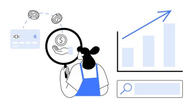 Dolar sikkelerini ve kredi kartını büyüteç büyüme grafiği ve arama çubuğu analizi ile inceleyen bir kadın. Finans, analitik, araştırma, bankacılık, iş, planlama için ideal