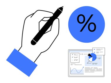 El ele tutuşan kalem, yüzde işareti ve grafikli veri paneli. Analiz, finans, iş stratejisi, eğitim, yaratıcı tasarım, çevrimiçi araçlar için ideal basit iniş sayfası