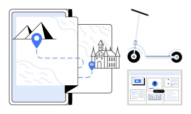 Bir rota, tarihi bina ve dağ gösteren dijital haritalı mobil cihaz. Scooter ve veri analizi panelini de içeriyor. Seyahat, turizm, navigasyon, hareketlilik ve veri için ideal
