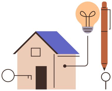 Minimalist tasarımı, anahtarı, parlayan ampulü ve satırlarla birbirine bağlı kalemi olan bir ev. Gayrimenkul, ev geliştirme, yenilik, yaratıcılık, mülkiyet yönetimi için ideal. Basit bir iniş için beyin fırtınası.