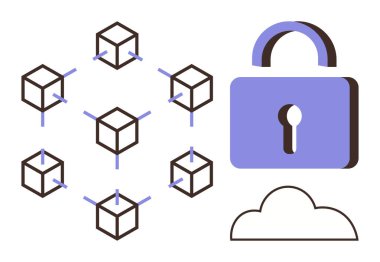 Vurgulanmış kilit ve bulut resimlemesi ile bir ağa bağlı birbirine bağlı blockchain küpleri. Siber güvenlik, engelleme zinciri, veri güvenliği, mahremiyet, bulut depolama, dijital koruma için ideal