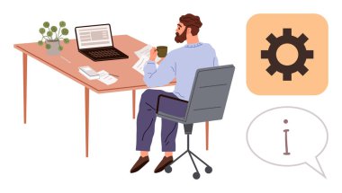 Sakallı adam elinde kahve, dizüstü bilgisayar ve bitki tutarken masa başında oturmuş belgeleri okuyor. Vites ve bilgi tamamlayıcı konsepti şekillendirir. Çalışma, üretkenlik, odaklanma, analiz, organizasyon için ideal