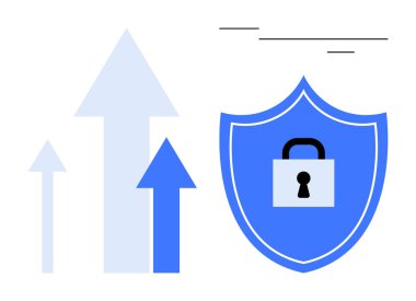 Kilit sembollü mavi kalkan güvenliği temsil ederken yukarı çıkan oklar ise büyüme, ilerleme ve ilerlemeyi simgeliyor. Siber güvenlik, iş büyümesi, veri koruması, yenilik ve strateji için ideal