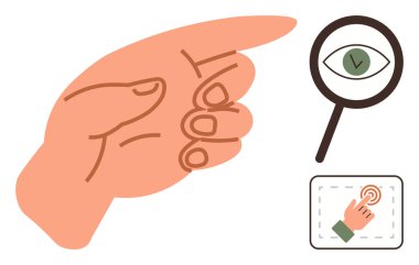 El gösterimi, büyüteç, görüşü vurguluyor ve dokunmatik ekrana dokunuyor. Etkileşim, odaklanma, dikkat, teknoloji, rehberlik iletişimi netlik temaları için idealdir. Basit düz metafor