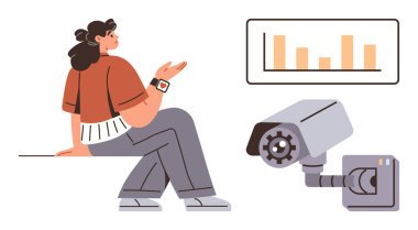 Modern güvenlik kamerası ve analitik tablosunun yanında el kol hareketi yapan sıradan bir kadın. Teknoloji, güvenlik, gizlilik, gözetleme, veri izleme, yenilik ve iş için idealdir. İçgörüyü basit bir şekilde temsil eder.