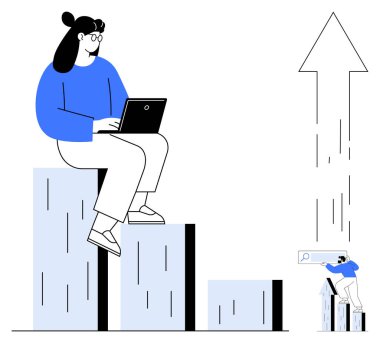 Dizüstü bilgisayarı olan bir kadın, büyüteçle analiz eden bir adam, büyümek için yukarı doğru ok atan bir adam. İlerleme, takım çalışması, analitik, teknoloji, iş planlaması, kariyer büyüme başarı kavramı için ideal