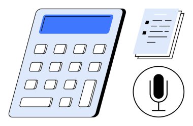 Geniş ekran, belge yığını ve mikrofon simgesine sahip hesap makinesi. Muhasebe, finans, bütçe, denetim, veri girişi, iletişim ve basit iniş sayfası için ideal