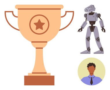 Yıldız amblemi, insansı robot ve iş adamı avatarına sahip altın kupa başarıyı, teknolojiyi ve takım çalışmasını vurguluyor. Yenilik, liderlik, rekabet, teknoloji sektörü robotları için ideal