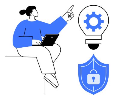 Dizüstü bilgisayarda çalışan bir kadın ampulün içindeki parlayan dişlilere ve kalkanlara kilitlenerek bakıyor. Teknoloji, yenilik, güvenlik, araştırma, yaratıcılık, problem çözme, eğitim için idealdir. Basit düz metafor