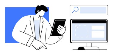 Tableti elinde tutan iş adamı arayüz ögeleri ve arama çubuğu gösteren masaüstü monitörüyle. Teknoloji, üretkenlik, yenilik, analiz, araştırma, dijital pazarlama, basit iniş için ideal