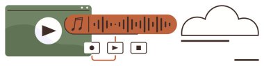 Ortam oynatıcı arayüzü, çalma düğmesi, ses dalgası ve bulut deposuna doğru akan kontrol simgeleri. Medya paylaşımı, yayın, teknoloji, çevrimiçi içerik, bulut hizmetleri ve yenilik için ideal