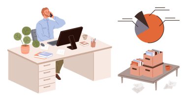 Çalışan masa başında oturmuş bilgisayarı izliyor, telefonda belgeler ve dosyalarla konuşuyor. Pasta şeması ve organize dosya kutuları yan masada. İletişim, üretkenlik, veri analizi için ideal