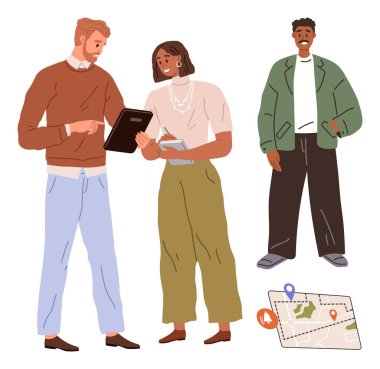 Üç kişi bir tablet, defter ve harita kullanarak beyin fırtınası yapıyor. Takım çalışması, işbirliği, planlama, seyahat, navigasyon beyin fırtınası için ideal. Basit bir düz metafor.